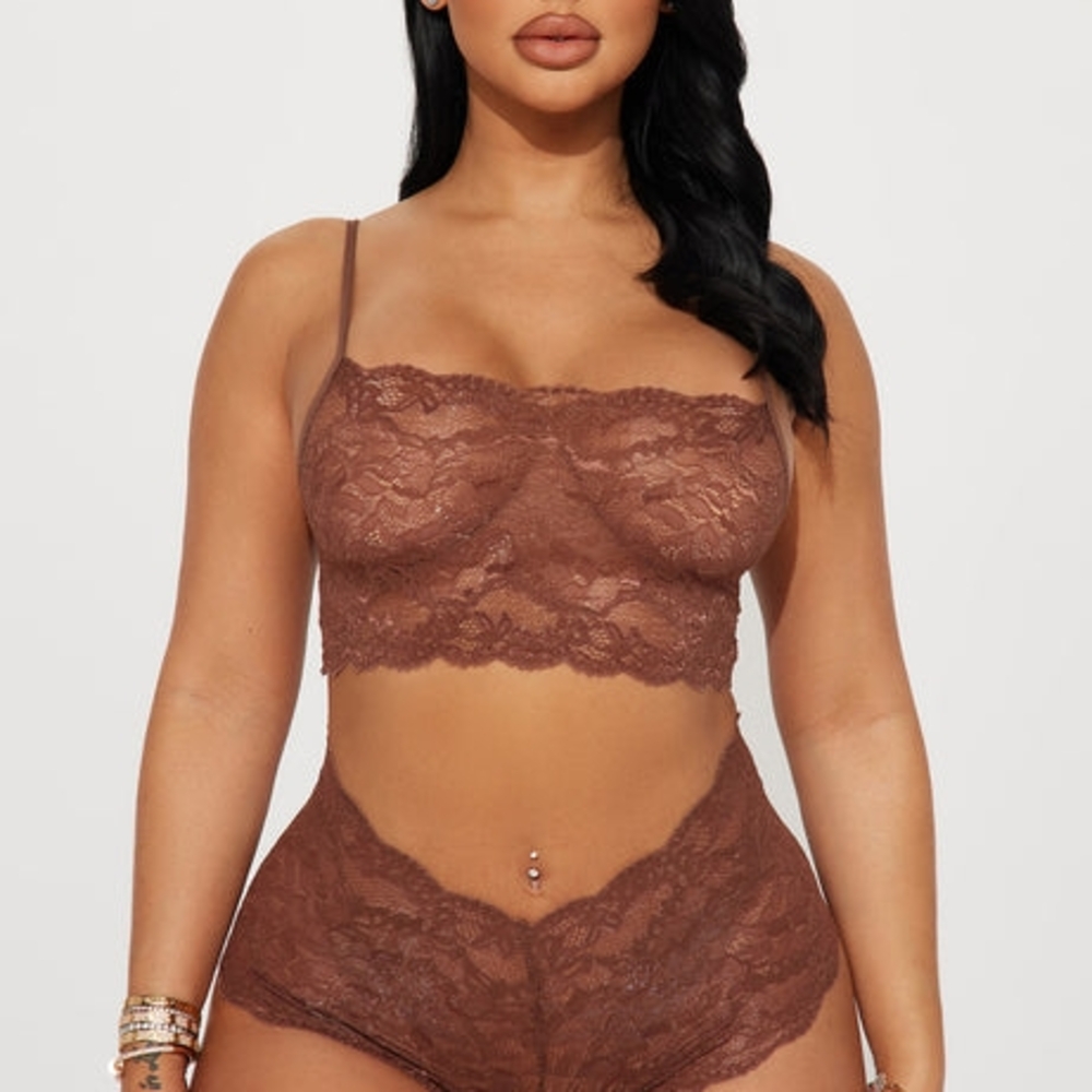 Lace Bralette and Panty Set - Brown